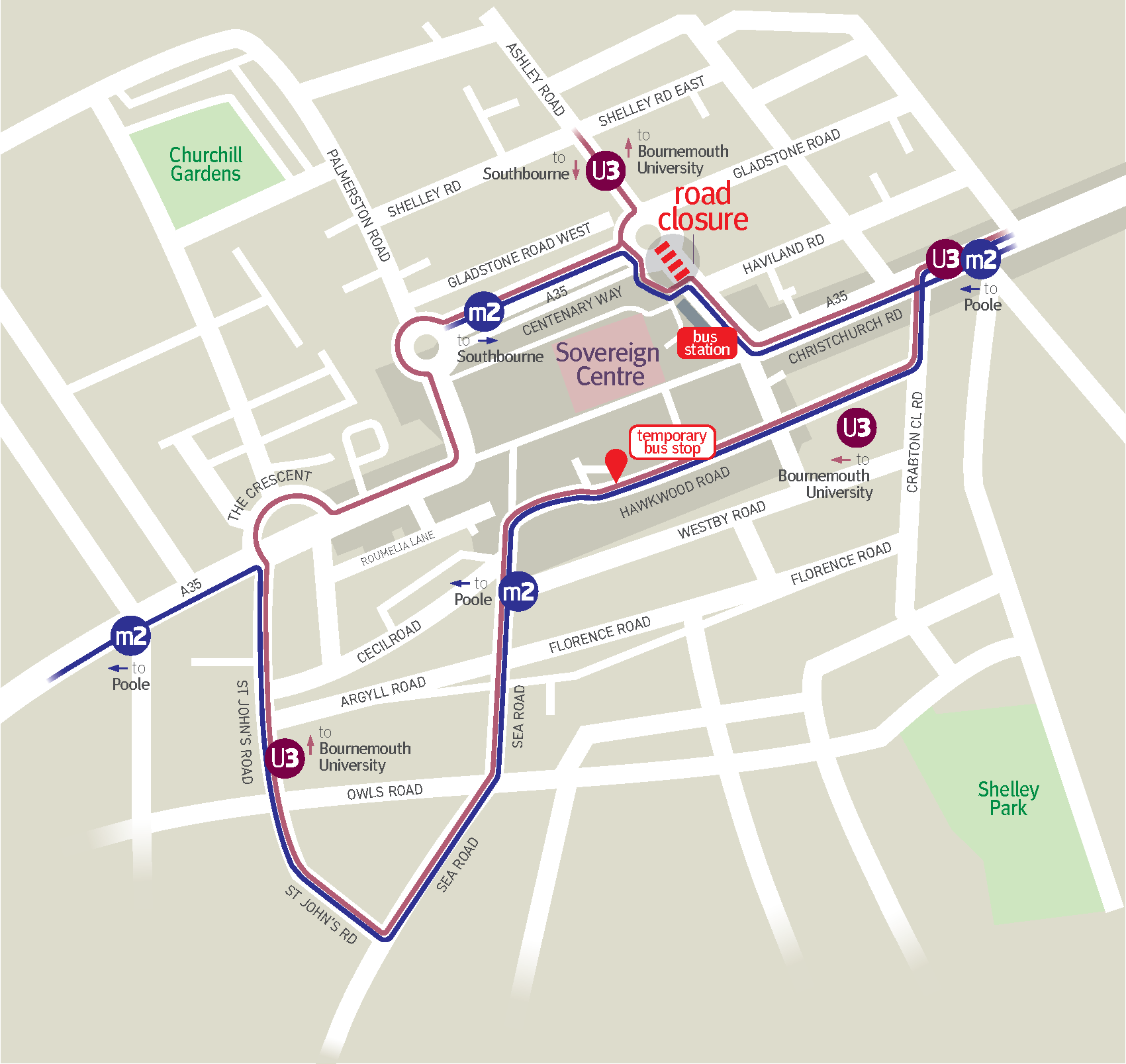 Christchurch Road Closure From 28th February 9th March Morebus   Boscombe Map Christchurch Rd Closure Phase1 0222 V3 